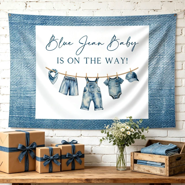 Main image of A Blue Jean Baby is on the Way Decorations Denim Baby Shower Backdrop Sign 5x3ft A Blue Jean Baby is on the Way Backdrop Denim Baby Shower Decorations Blue Jean Baby Newborn Shower Party Supplies