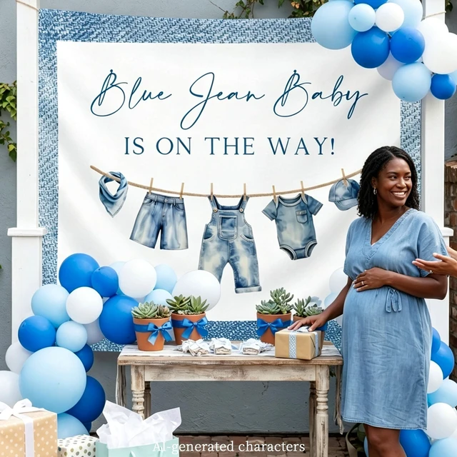 Alt view image 4 of 7 - A Blue Jean Baby is on the Way Decorations Denim Baby Shower Backdrop Sign 5x3ft A Blue Jean Baby is on the Way Backdrop Denim Baby Shower Decorations Blue Jean Baby Newborn Shower Party Supplies