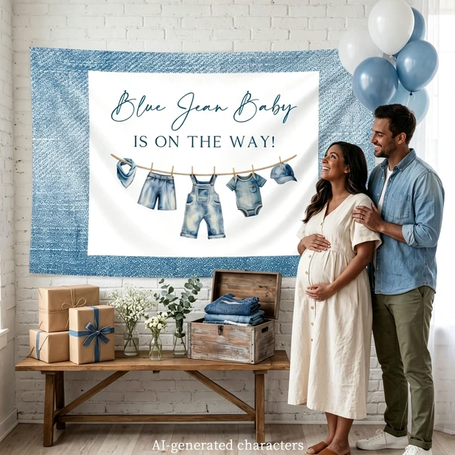 Alt view image 7 of 7 - A Blue Jean Baby is on the Way Decorations Denim Baby Shower Backdrop Sign 5x3ft A Blue Jean Baby is on the Way Backdrop Denim Baby Shower Decorations Blue Jean Baby Newborn Shower Party Supplies