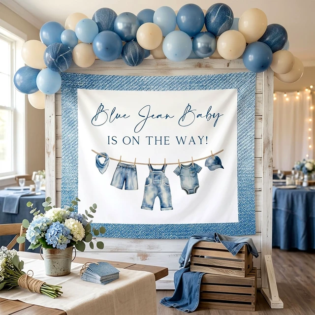 Alt view image 6 of 7 - A Blue Jean Baby is on the Way Decorations Denim Baby Shower Backdrop Sign 5x3ft A Blue Jean Baby is on the Way Backdrop Denim Baby Shower Decorations Blue Jean Baby Newborn Shower Party Supplies