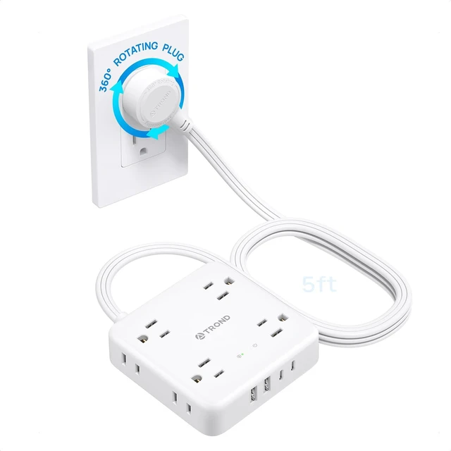 Main image of 360° Rotating Flat Plug Power Strip 5ft, 8 AC & 4 USB (2U2C), White Flat Extension Cord 1625W, 1440J Surge Protector with USB Ports, Wall Mountable, for Home Office Dorm Room Essentials
