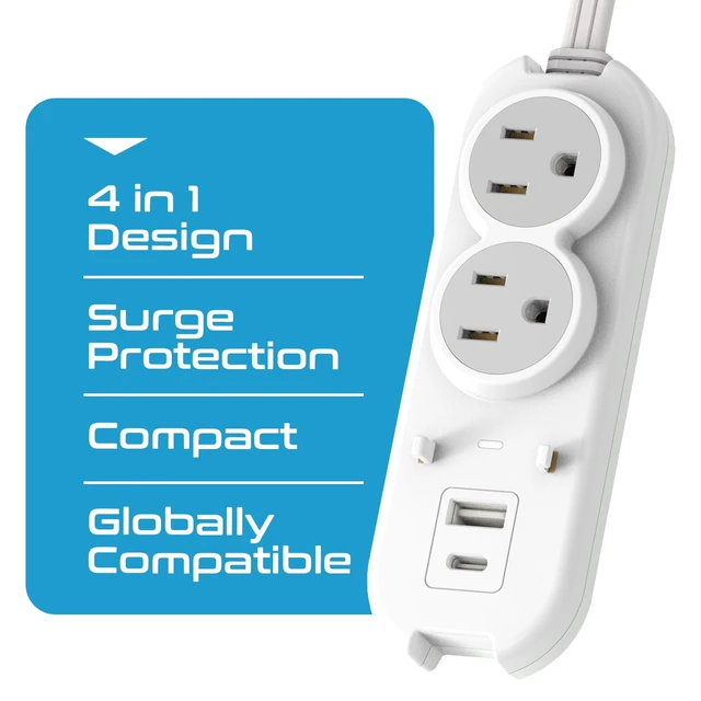 Alt view image 4 of 7 - Travel Power Strip - Small & Compact - Surge Protector - Grounded USB + Type C - 2 USA Outlets Input - Plugs for Europe, Asia, China, USA, South America