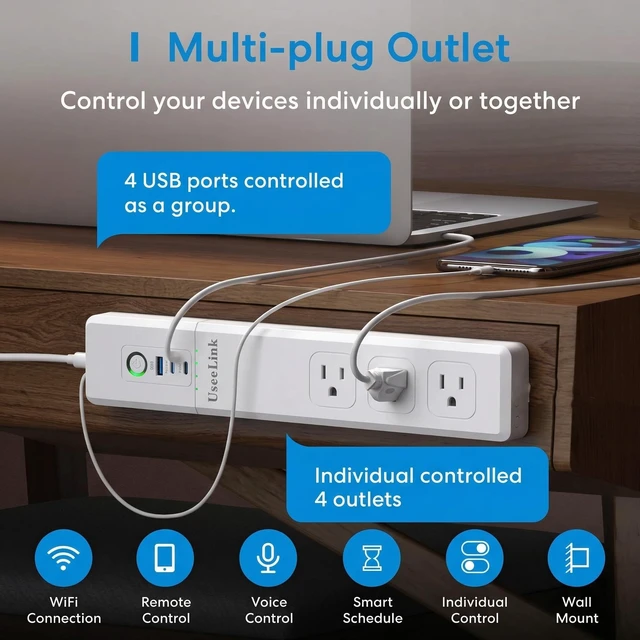Alt view image 2 of 7 - Smart Power Strip,WiFi Surge Protector with 4 Individually Controlled Smart Outlets and 2 USB Ports, Compatible with Alexa Google Home, 5Feet Extension Cord