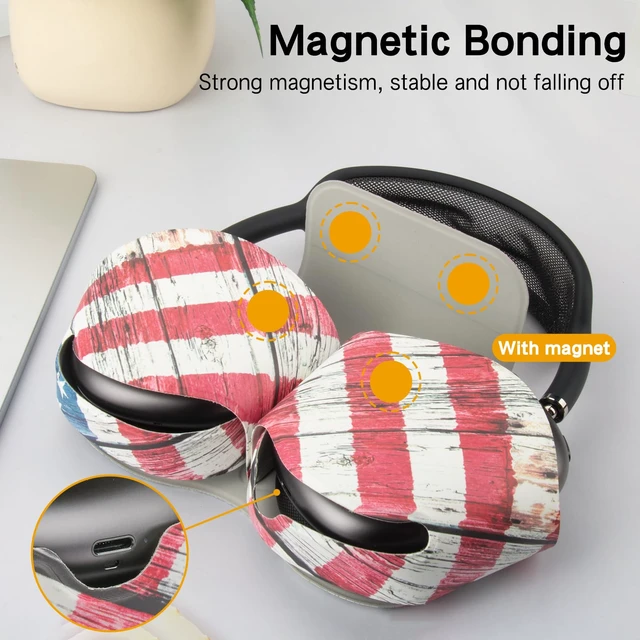 Alt view image 6 of 7 - Smart Case Holder for AirPods Max - Sleep Mode Compatible, Anti-Dust and Scrapes, Replacement AirPods Max Headphone Sleeve Cover Cute Printed Leather Stock Case (Stars and Stripes)