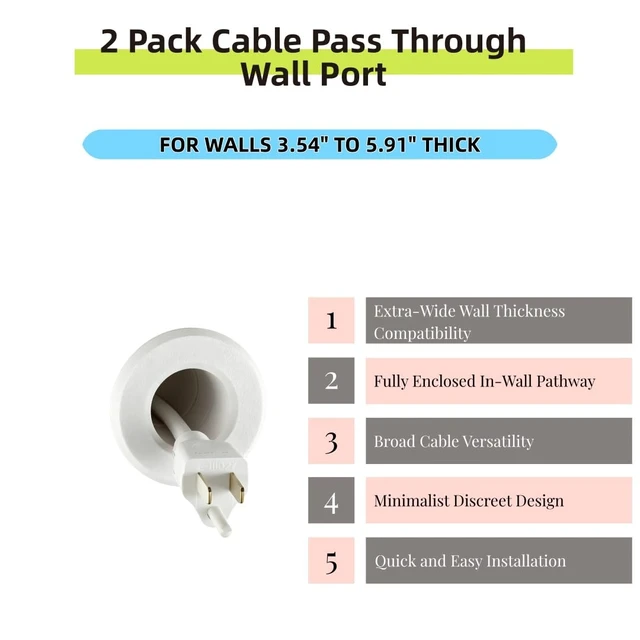 Alt view image 2 of 7 - 2 pack Cable Pass Through Wall Port 3.54" - 5.91" Wall Thickness (White) - Pass Cables from one Side of a Wall or Barrier to The Other