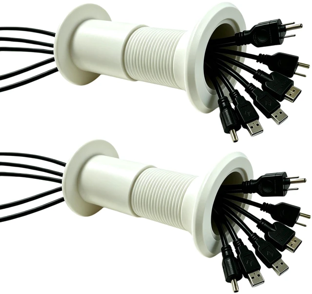 Main image of 2 pack Cable Pass Through Wall Port 3.54" - 5.91" Wall Thickness (White) - Pass Cables from one Side of a Wall or Barrier to The Other