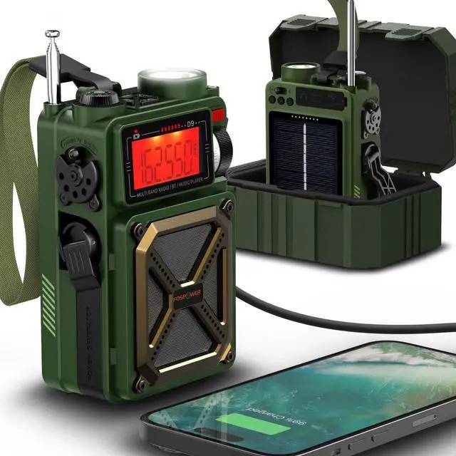 Main image of Emergency Weather Radio (Model D9) 14800mWh Power Bank, NOAA/AM/FM/Shortwave, Bluetooth 5.4, USB/Solar/Hand Crank Charging, Flash Light, SOS Alarm, IPX3 Rating for Indoor/Outdoor Emergencies