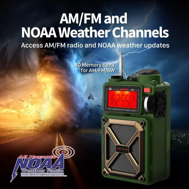 Alt view image 2 of 6 - Emergency Weather Radio (Model D9) 14800mWh Power Bank, NOAA/AM/FM/Shortwave, Bluetooth 5.4, USB/Solar/Hand Crank Charging, Flash Light, SOS Alarm, IPX3 Rating for Indoor/Outdoor Emergencies