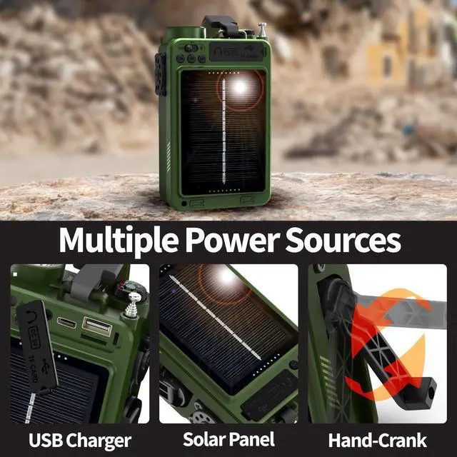 Alt view image 3 of 6 - Emergency Weather Radio (Model D9) 14800mWh Power Bank, NOAA/AM/FM/Shortwave, Bluetooth 5.4, USB/Solar/Hand Crank Charging, Flash Light, SOS Alarm, IPX3 Rating for Indoor/Outdoor Emergencies