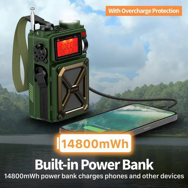 Alt view image 4 of 6 - Emergency Weather Radio (Model D9) 14800mWh Power Bank, NOAA/AM/FM/Shortwave, Bluetooth 5.4, USB/Solar/Hand Crank Charging, Flash Light, SOS Alarm, IPX3 Rating for Indoor/Outdoor Emergencies