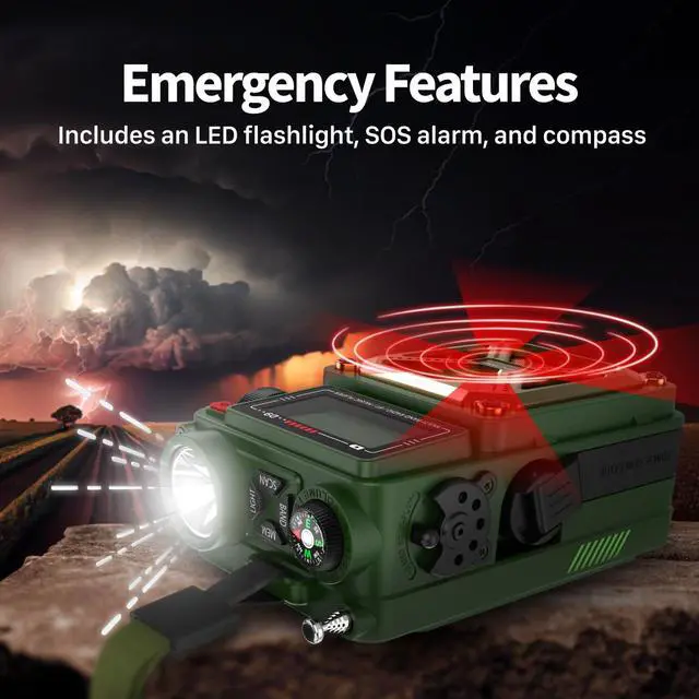 Alt view image 5 of 6 - Emergency Weather Radio (Model D9) 14800mWh Power Bank, NOAA/AM/FM/Shortwave, Bluetooth 5.4, USB/Solar/Hand Crank Charging, Flash Light, SOS Alarm, IPX3 Rating for Indoor/Outdoor Emergencies