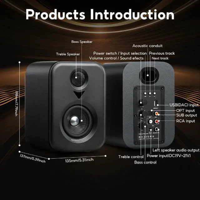 Alt view image 2 of 6 - S400 80 Watt 2.0 Channel Home Audio Active Bookshelf Speakers | Sub Out, TPA3118 Amp Chip, Bluetooth/Optical/RCA/USB Input for TV, Treble & Bass Tone with Remote