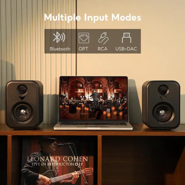 Alt view image 6 of 6 - S400 80 Watt 2.0 Channel Home Audio Active Bookshelf Speakers | Sub Out, TPA3118 Amp Chip, Bluetooth/Optical/RCA/USB Input for TV, Treble & Bass Tone with Remote