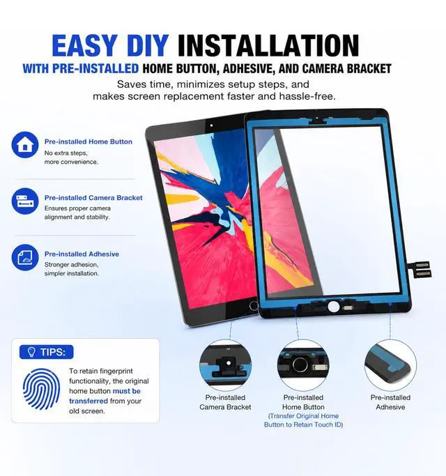 Alt view image 5 of 6 - for iPad 9th Generation (9 Gen) Touch Glass Screen Repair Replacement Kit | (No LCD) 2021 10.2" Digitizer A2602 A2603 A2604 A2605, Pre-installed Home Button, Adhesive Seal, Protector, Required Tools