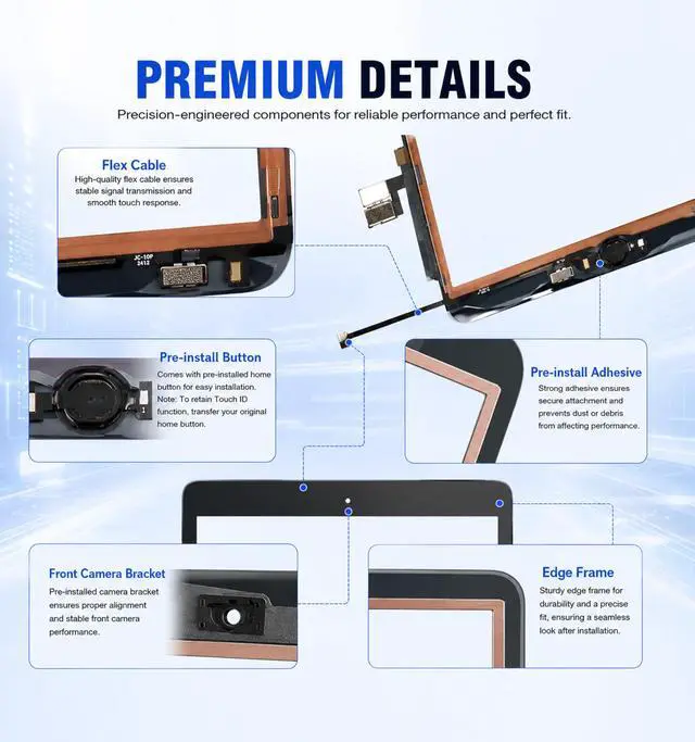 Alt view image 6 of 6 - for iPad 9th Generation (9 Gen) Touch Glass Screen Repair Replacement Kit | (No LCD) 2021 10.2" Digitizer A2602 A2603 A2604 A2605, Pre-installed Home Button, Adhesive Seal, Protector, Required Tools
