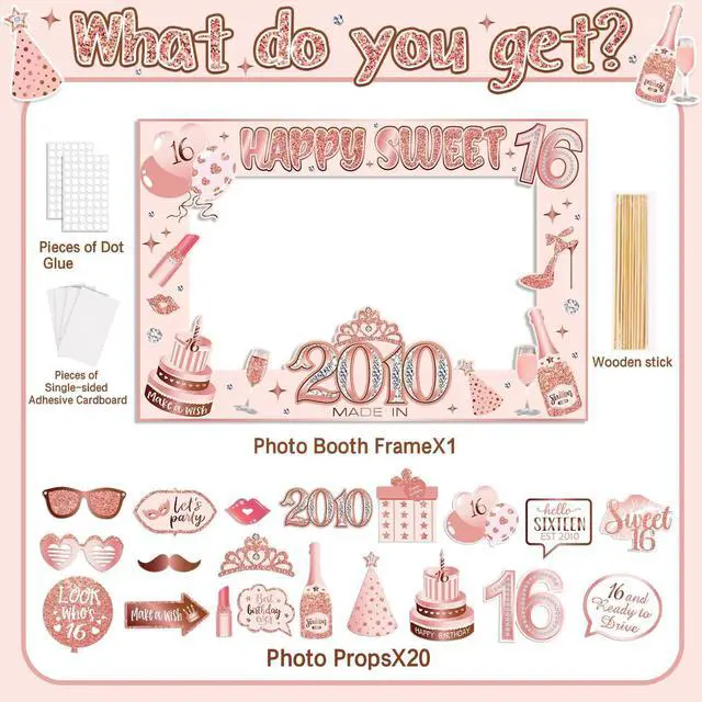 Alt view image 2 of 6 - Sweet 16 Party Decorations for Girls, Sweet 16 Photo Booth Props Pink Rose Gold 16th Birthday Selfie Props with Photo Frame Kit Sweet Sixteen Happy Birthday Party Decorations Supplies Favors | Pink Ro