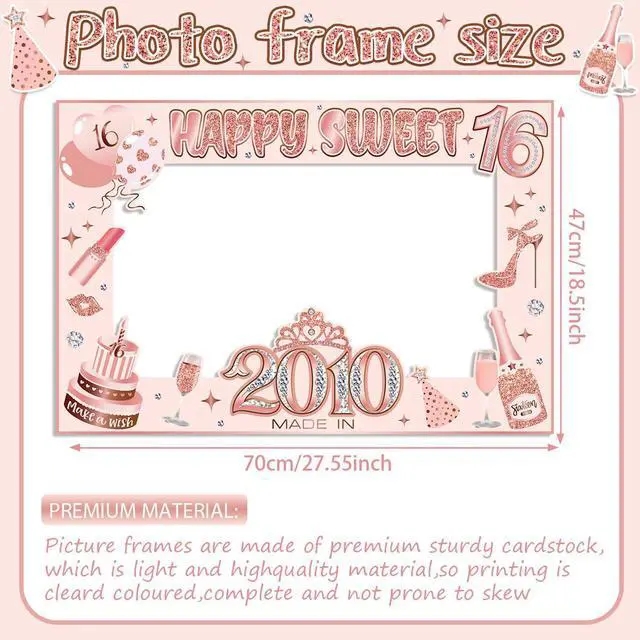 Alt view image 3 of 6 - Sweet 16 Party Decorations for Girls, Sweet 16 Photo Booth Props Pink Rose Gold 16th Birthday Selfie Props with Photo Frame Kit Sweet Sixteen Happy Birthday Party Decorations Supplies Favors | Pink Ro