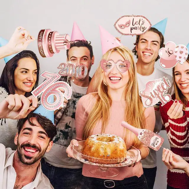 Alt view image 4 of 6 - Sweet 16 Party Decorations for Girls, Sweet 16 Photo Booth Props Pink Rose Gold 16th Birthday Selfie Props with Photo Frame Kit Sweet Sixteen Happy Birthday Party Decorations Supplies Favors | Pink Ro
