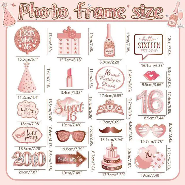 Alt view image 5 of 6 - Sweet 16 Party Decorations for Girls, Sweet 16 Photo Booth Props Pink Rose Gold 16th Birthday Selfie Props with Photo Frame Kit Sweet Sixteen Happy Birthday Party Decorations Supplies Favors | Pink Ro