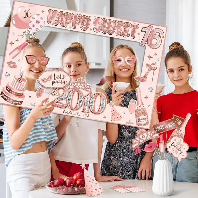 Alt view image 6 of 6 - Sweet 16 Party Decorations for Girls, Sweet 16 Photo Booth Props Pink Rose Gold 16th Birthday Selfie Props with Photo Frame Kit Sweet Sixteen Happy Birthday Party Decorations Supplies Favors | Pink Ro