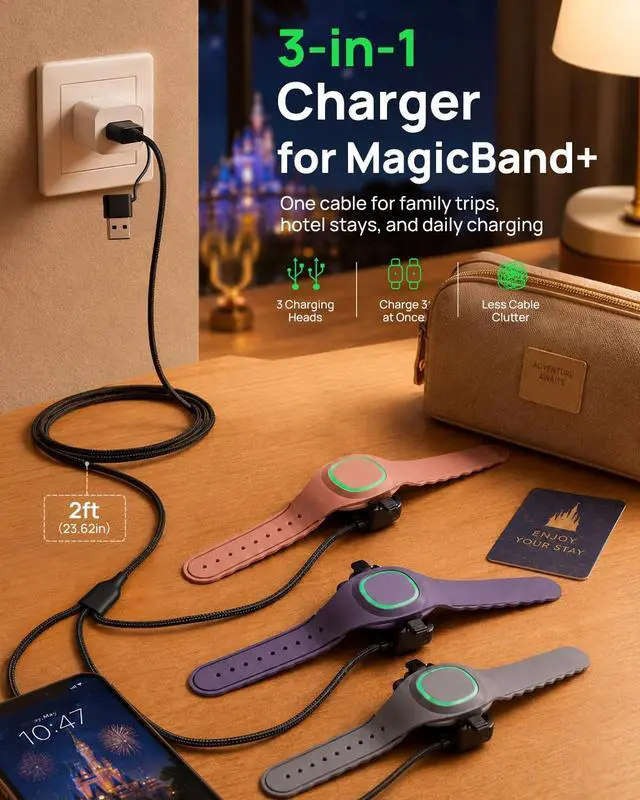 Alt view image 2 of 6 - Compatible with MagicBand+ Charger 3-in-1, 2ft Nylon-Braided USB-C and USB-A Triple Charging Cable with 3 Charging Heads, Replacement Travel Charger for Disney-MagicBand Plus