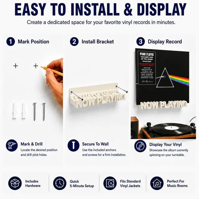 Alt view image 5 of 6 - Now Playing Vinyl Record Stand Wall Mount,Record Display Stand for Vinyl Records and LP Record Floating Shelves Record Storage Holder(Lvory)