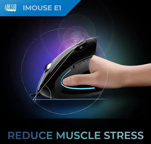 Alt view image 2 of 6 - Wired Vertical Ergonomic Illuminated Optical USB Mouse, Black | 6-Button, Right Hand Orientation