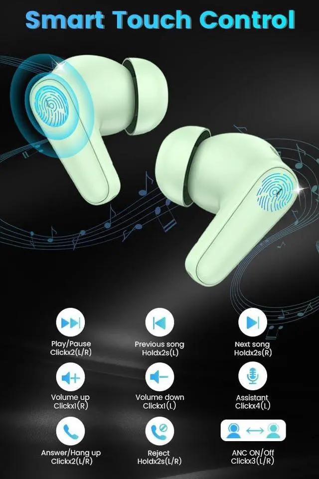Alt view image 6 of 6 - Wireless Earbuds Bluetooth Headphones ANC+ENC Ear Buds with Mic | LED Digital Display Charging Case, IPX7 Waterproof, HIFI Deep Bass Stereo, in-Ear Earphone for iPhone Andriod -Green