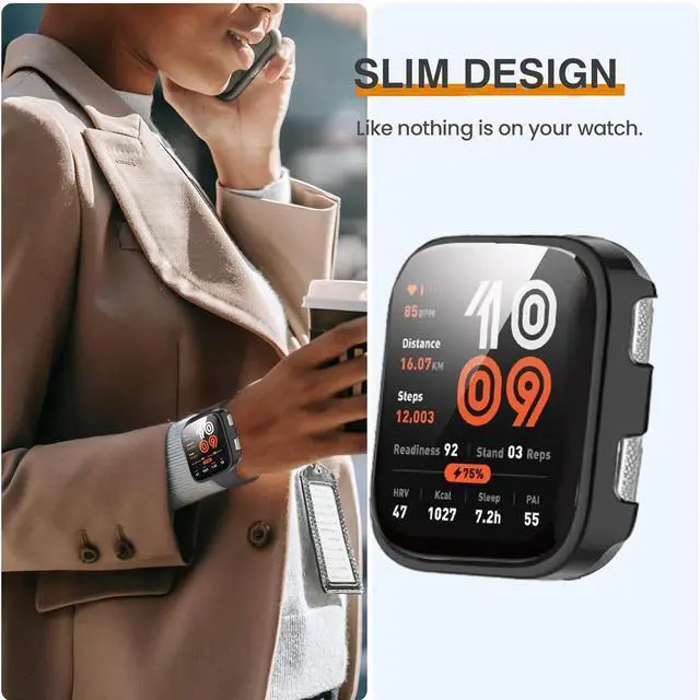 Alt view image 3 of 6 - Compatible for Amazfit Bip Max Case, Hard PC Case with Tempered Glass Screen Protector Compatible with Amazfit Bip Max 50mm Smartwatch, 2.07" (Black+Black)