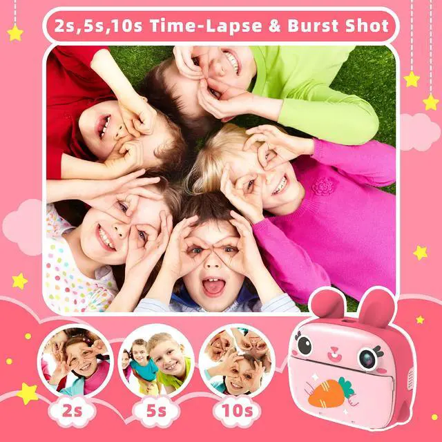 Alt view image 4 of 6 - Kids Instant Camera - 2.5K Instant Print Camera with No Ink, 32GB Card, Selfie & 1080P Video, Pink Toy Gift for Girls & Boys 3-12