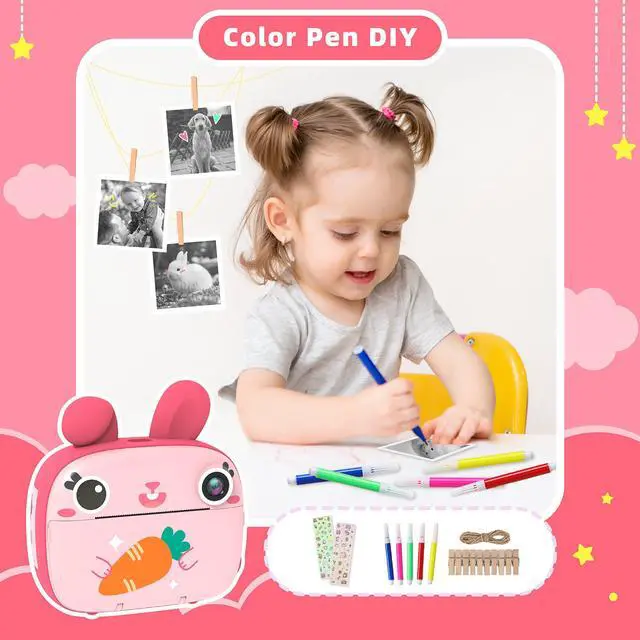 Alt view image 5 of 6 - Kids Instant Camera - 2.5K Instant Print Camera with No Ink, 32GB Card, Selfie & 1080P Video, Pink Toy Gift for Girls & Boys 3-12