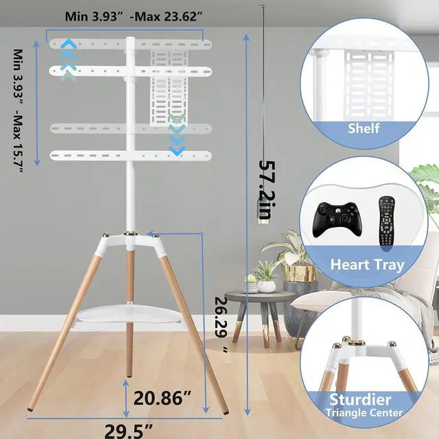 Alt view image 5 of 6 - Universal Tripod Easel TV Stand for 32-65 inch LED LCD Screen Flat Curved Screen, Height Adjustable Studio TV Display Stand with 140° Swivel for Bedroom, Living Room, Corner TV Stand (White)