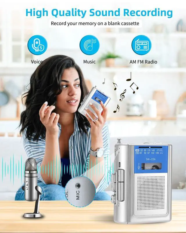 Alt view image 2 of 6 - Small Cassette Player Recorder, Portable AM FM Vintage Tape Cassette Player with Big Speaker and Headphones, Built-in Microphone, Powered by DC or AA Battery for Walking