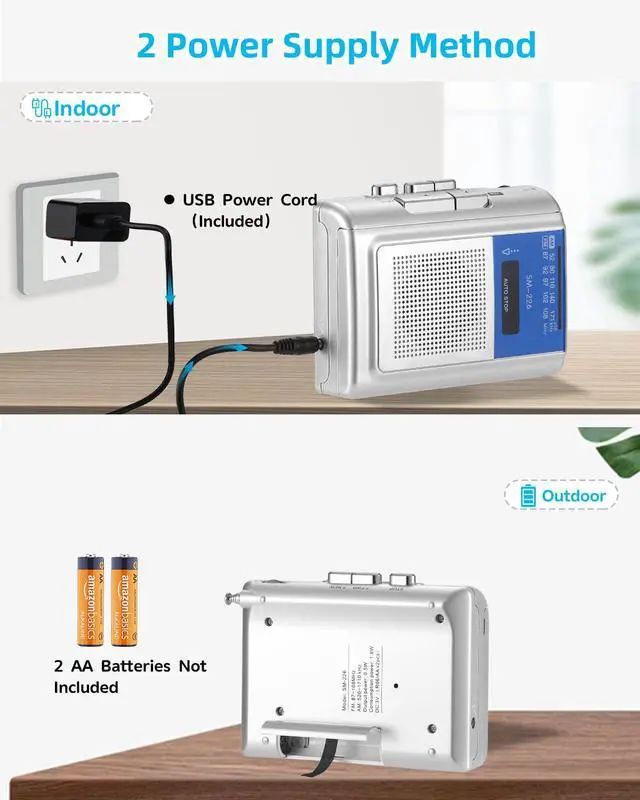 Alt view image 6 of 6 - Small Cassette Player Recorder, Portable AM FM Vintage Tape Cassette Player with Big Speaker and Headphones, Built-in Microphone, Powered by DC or AA Battery for Walking