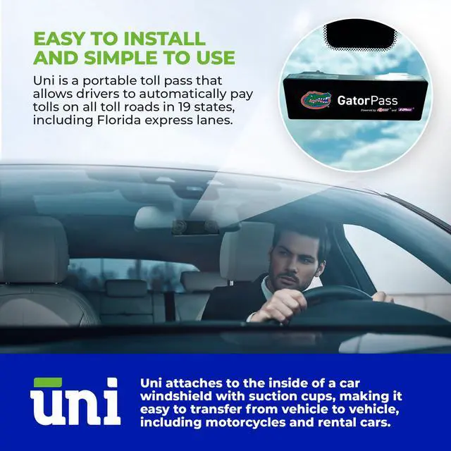 Alt view image 2 of 6 - UF Gator Uni Prepaid Portable Toll Pass Works in 19 States Including FL, GA, NC, VA, WV, MD, DE, NJ, NY, PA, MA, RI, NH, ME, OH, IN, IL, KY, and MN