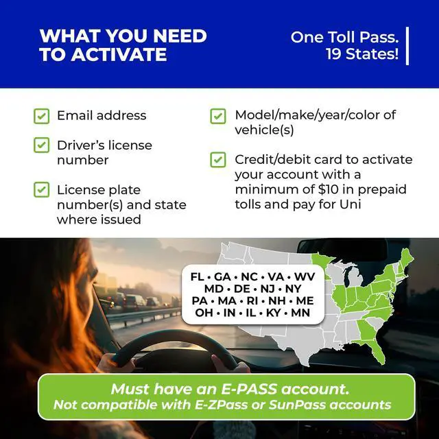 Alt view image 3 of 6 - UF Gator Uni Prepaid Portable Toll Pass Works in 19 States Including FL, GA, NC, VA, WV, MD, DE, NJ, NY, PA, MA, RI, NH, ME, OH, IN, IL, KY, and MN