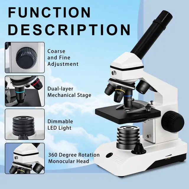 Alt view image 5 of 6 - M2 Dual Power Supply Compound Monocular Microscope 40X-2000X for Adults & Students All-Metal STEM Lab Kit with Glass Optics, Dual LED, Slides & Carry Case