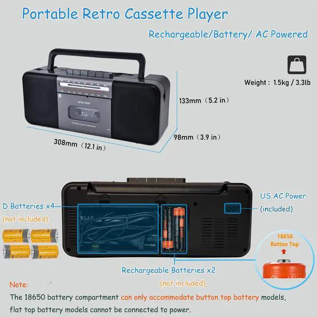 Alt view image 3 of 6 - Portable Cassette Tape Player Recorder,AM/FM/SW Radio with Bluetooth,USB/SD, Big 10W Speaker,Record to Cassette/U Disk/SD Card via Mic, MP3 Converter, Earphone Jack,AC/DC Powered