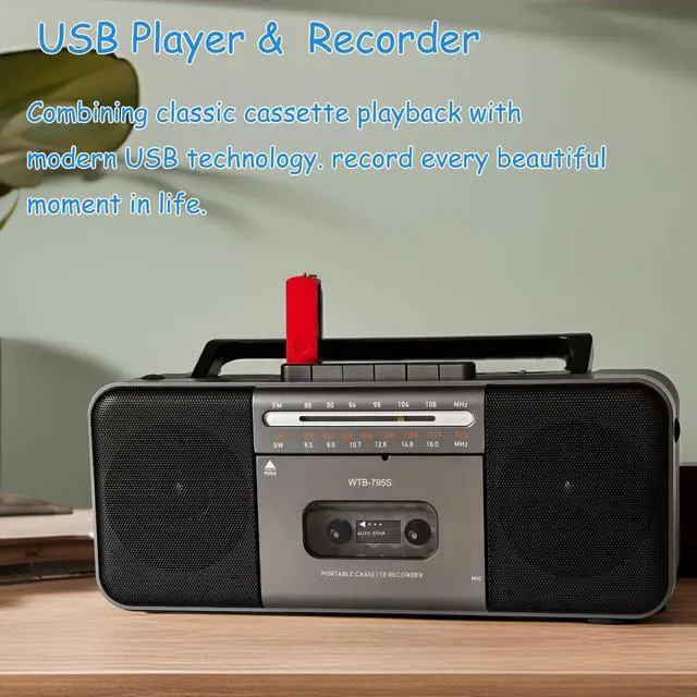 Alt view image 5 of 6 - Portable Cassette Tape Player Recorder,AM/FM/SW Radio with Bluetooth,USB/SD, Big 10W Speaker,Record to Cassette/U Disk/SD Card via Mic, MP3 Converter, Earphone Jack,AC/DC Powered