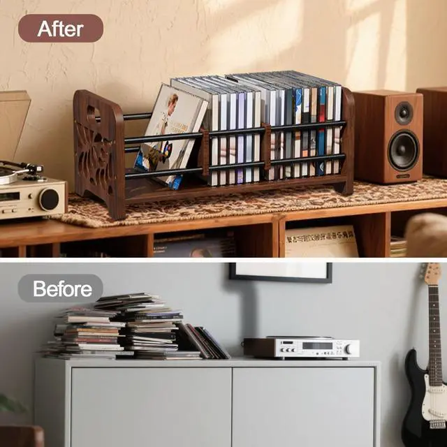 Alt view image 4 of 6 - CD Holder, DVD Holder Storage, Wood CD Rack Organizer | DVD Rack,Cassette Tape Storage with Dividers for CDs, DVDS, Tapes,Video Game Cases, Hold 35Pcs