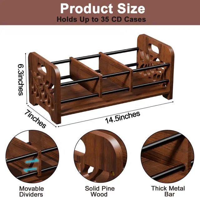 Alt view image 5 of 6 - CD Holder, DVD Holder Storage, Wood CD Rack Organizer | DVD Rack,Cassette Tape Storage with Dividers for CDs, DVDS, Tapes,Video Game Cases, Hold 35Pcs