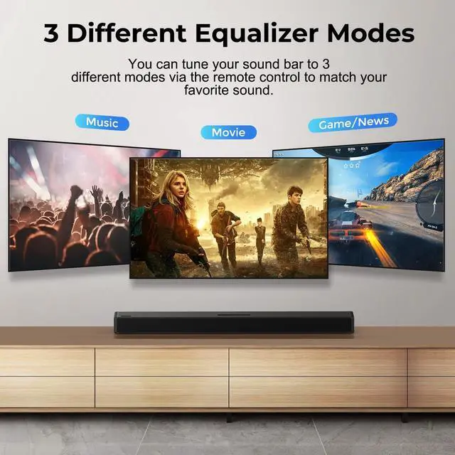 Alt view image 4 of 6 - S3 Sound Bars for TV, Home Theater Audio with Dynamic Bass, 3D Surround Sound System TV Sound Bar, TV Speakers, Bluetooth 5.0/Aux/Optical/Coaxial, 80-Watt, 3Eqs, Wall Mountable, Black