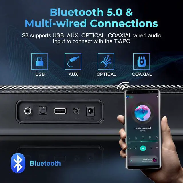 Alt view image 5 of 6 - S3 Sound Bars for TV, Home Theater Audio with Dynamic Bass, 3D Surround Sound System TV Sound Bar, TV Speakers, Bluetooth 5.0/Aux/Optical/Coaxial, 80-Watt, 3Eqs, Wall Mountable, Black