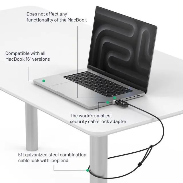 Alt view image 5 of 6 - Ledge Lock Adapter for MacBook Pro 16" M1,M2,M3, M4,M5 with Combination Cable Lock Silver