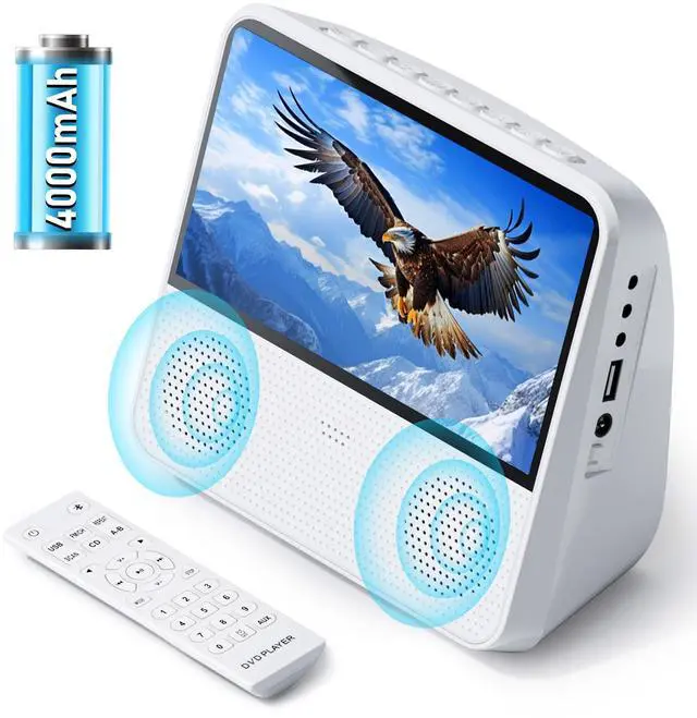 Main image of 9.8" Portable DVD Player with 7" Screen, 4000mAh Rechargeable Battery | Brightness Control, DVD/CD/Bluetooth/USB/AUX/Memory PlayBack, Built-in Dual Speakers, Portable TV DVD Player for Kids