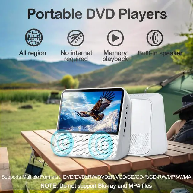 Alt view image 2 of 6 - 9.8" Portable DVD Player with 7" Screen, 4000mAh Rechargeable Battery | Brightness Control, DVD/CD/Bluetooth/USB/AUX/Memory PlayBack, Built-in Dual Speakers, Portable TV DVD Player for Kids