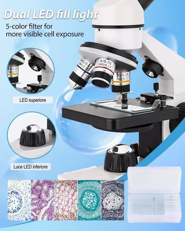 Alt view image 2 of 6 - Compound Microscope, 2000x Magnification, with Smartphone Adapter, Slide Set, Dual LED Illumination System, Adult Microscope, Suitable for Beginners and Laboratory use (Monocular Microscope)