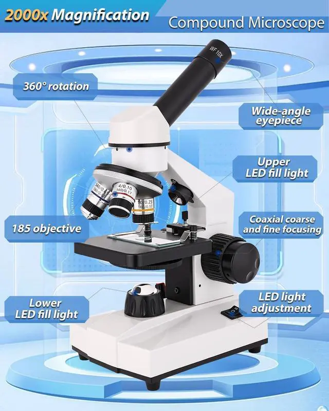 Alt view image 3 of 6 - Compound Microscope, 2000x Magnification, with Smartphone Adapter, Slide Set, Dual LED Illumination System, Adult Microscope, Suitable for Beginners and Laboratory use (Monocular Microscope)