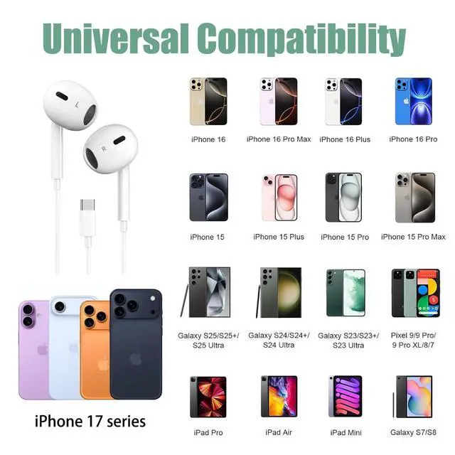 Alt view image 6 of 6 - 2 Packs USB C Wired Headphones for iPhone 17/16/15 Earbuds, Type C Earphones with Mic & Remote Control Noise Cancelling for iPhone 17 16 15 Pro Max Plus, iPad Pro, Galaxy S25/S24 and More
