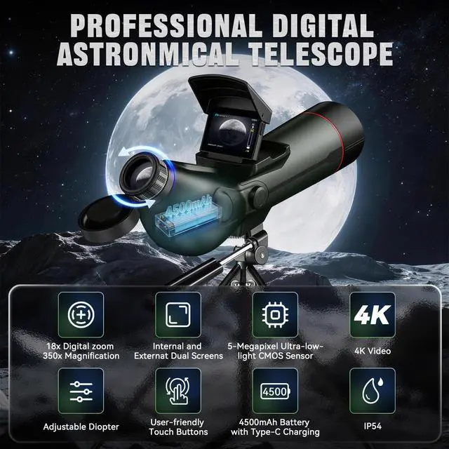 Alt view image 2 of 6 - Telescope, Telescope for Adults High Powered, Professional Refractor Auto-Focus Smart Digital Electronic Telescopes with 4K Astrophotography Camera, Dual Screens Spotter, Carry Bag and 32G Card